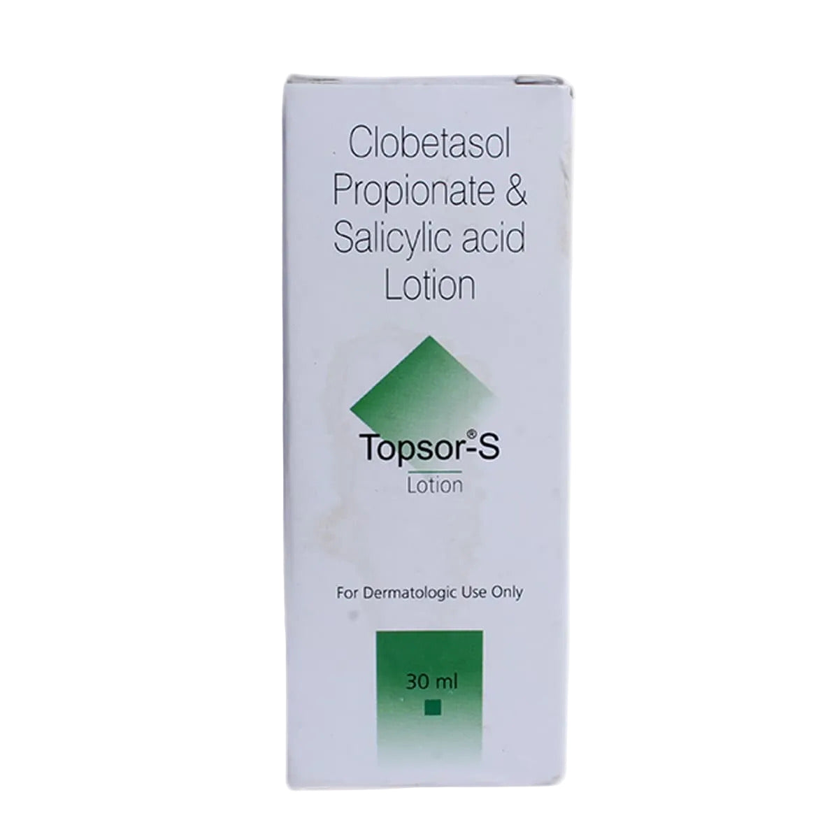Box of Topsor-S Lotion with Clobetasol Propionate & Salicylic acid on a white background