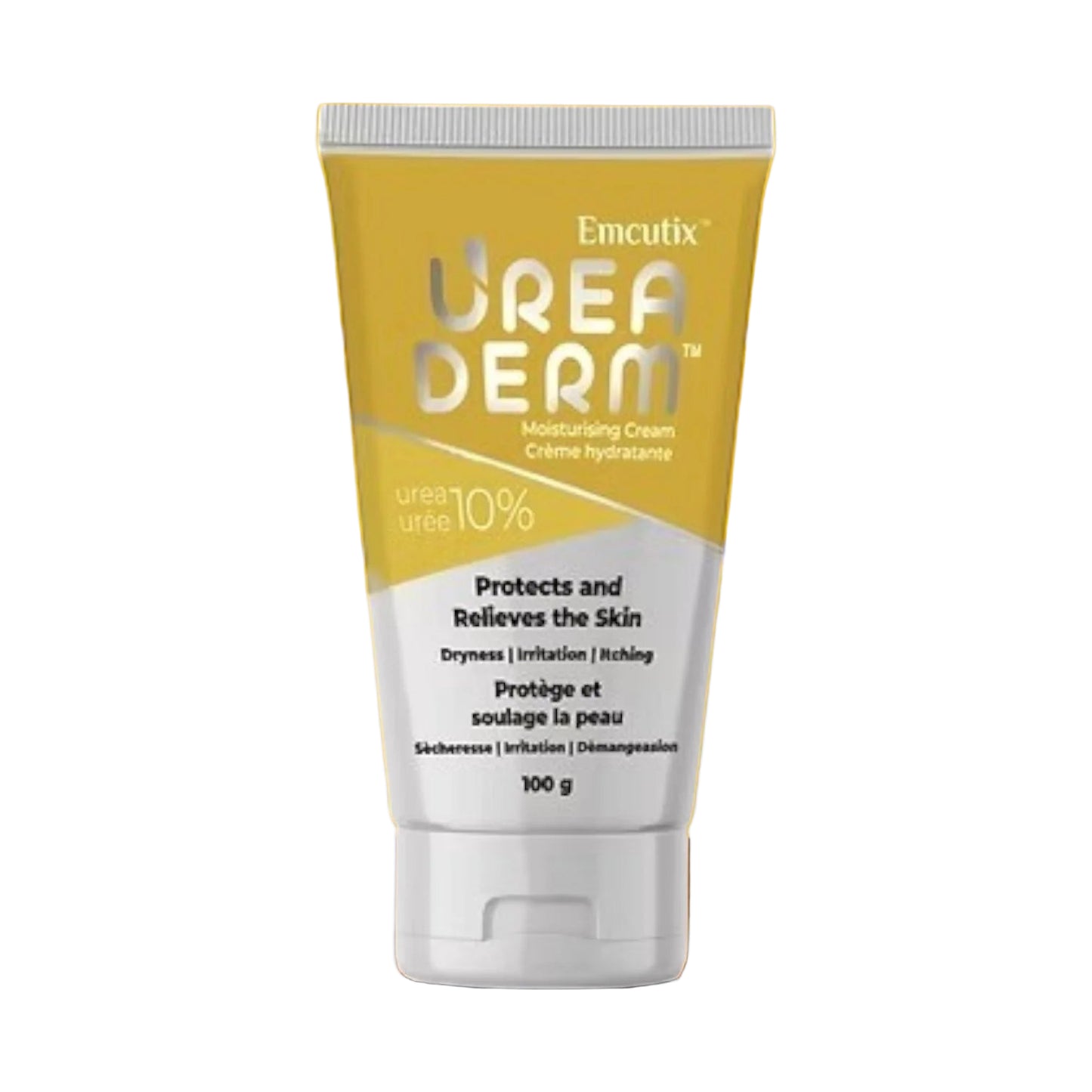 Emcutix Urea Derm moisturizing cream tube on a yellow background