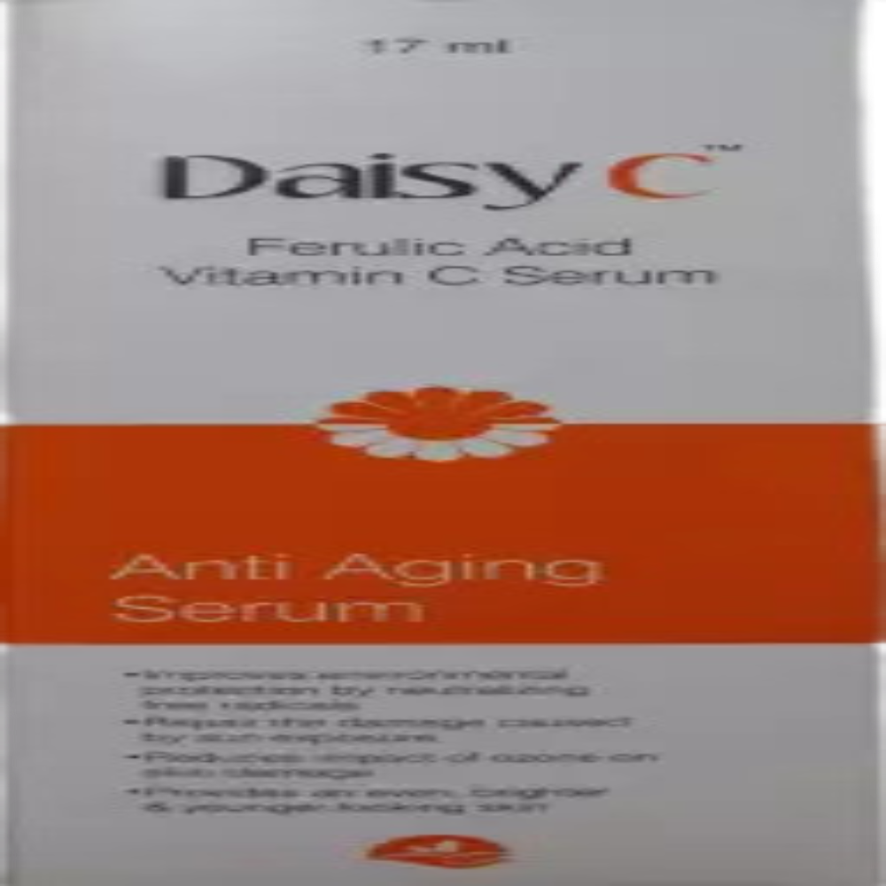 A bottle of Daisy C Ferulic Acid Vitamin Serum with a capacity of 17 ml, marketed for anti-aging purposes.