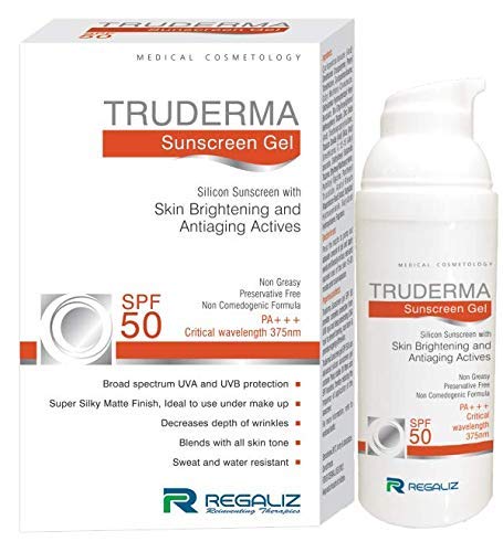 Regaliz Truderma Sunscreen SPF 50 GelRegaliz Truderma Sunscreen Gel offers the best protection from harmful sun rays that damage the skin. Its anti-aging properties prevent wrinkle formation and eliminate the fine lines on the skin. Light in texture and waterproof, the Regaliz Truderma Sunscreen Gel gives the skin a smooth, matte-like finish, Truderma Sunscreen Price, Truderma Sunscreen MRP, Truderma Sunscreen Result, Truderma Sunscreen SPF Rating, Truderma Sunscreen PA Rating. Truderma Sunscreen In Hindi