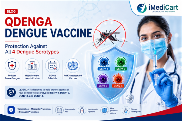 QDENGA Dengue Vaccine infographic showing protection against all four dengue virus serotypes (DENV-1, DENV-2, DENV-3, and DENV-4), benefits, vaccination schedule, and iMedicart healthcare branding.