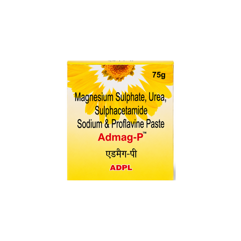 ADPL Admag-P Paste (75gm Each) A yellow rectangular box of Admag-P Sodium & Proflavine Paste by ADPL, featuring a sunflower graphic and black and red text, set against a plain white background.
