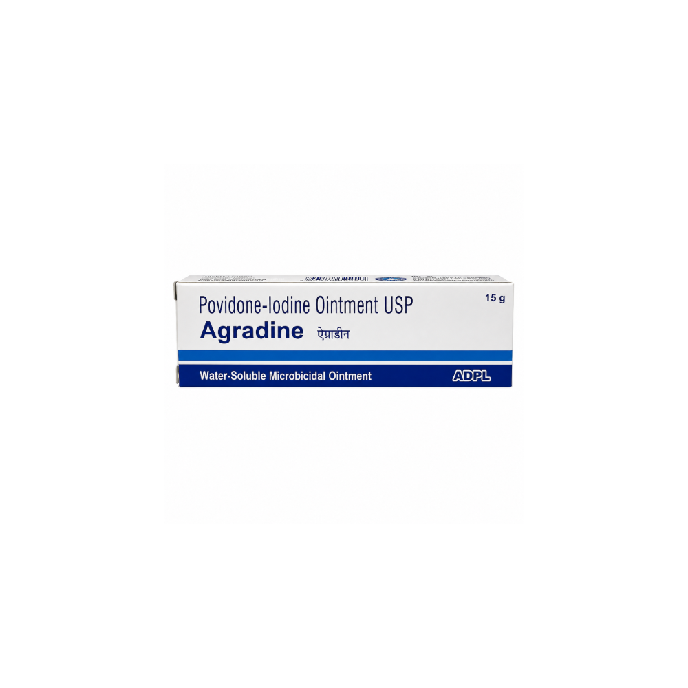 ADPL Agradine Povidone-Iodine Ointment USP (15gm Each) A box of Agradine Povidone-Iodine Ointment USP, 15 g, featuring a white and blue design with the brand name ADPL visible in the bottom right corner.