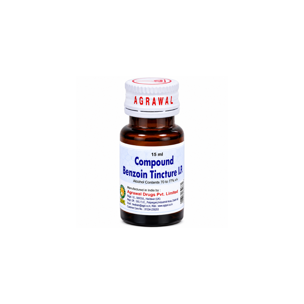 ADPL Compound Benzoin Tincture I.P. (15ml Each) A 15 ml amber glass bottle of Agrawal Compound Benzoin Tincture 10% with a white cap and white label, isolated on a white background.