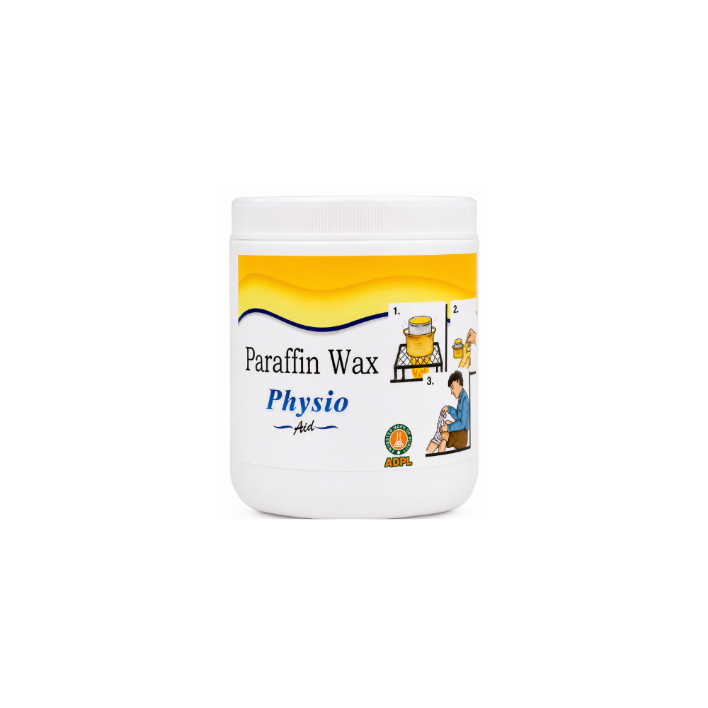ADPL Physio Aid Paraffin Wax white plastic tub of Physio Paraffin Wax with a white lid, featuring a label with yellow and blue graphics and text on a plain white background.