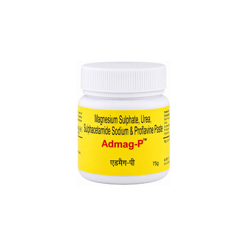 ADPL Admag-P Paste (75gm Each) bottle A white plastic bottle of Admag-P Magnesium Sulphate, Urea, and other supplement ingredients, featuring a bright yellow label with black and red text, set against a plain white background.