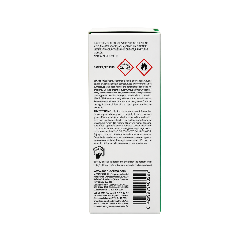 Mediderma AZELAC M box showing ingredients, chemical peel warnings and manufacturer information