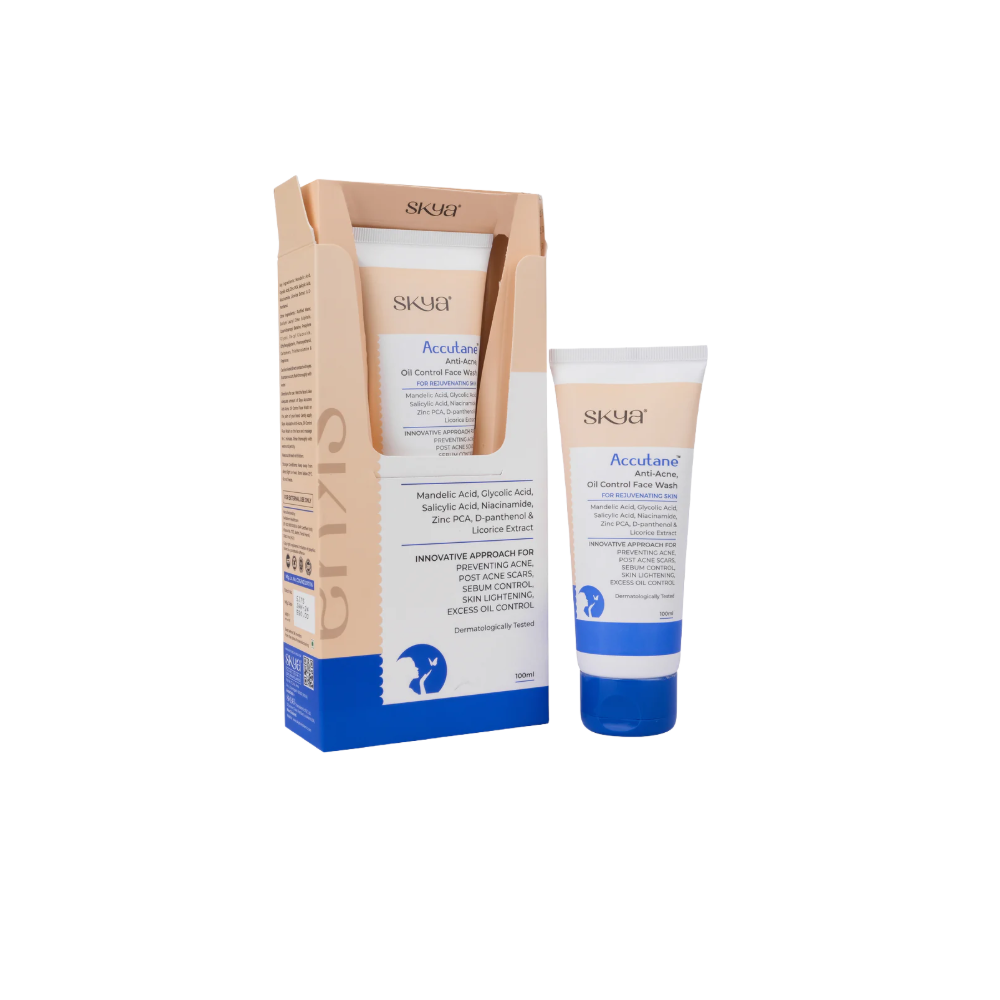 Skya Accutane skincare product packaging on a white background