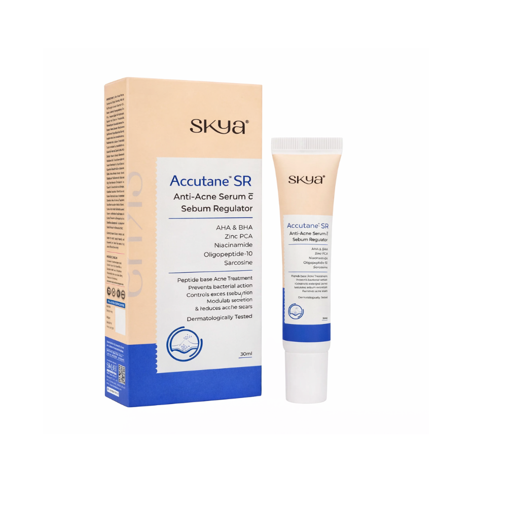 Skya Accutane SR anti-acne serum packaging and tube on a white background
