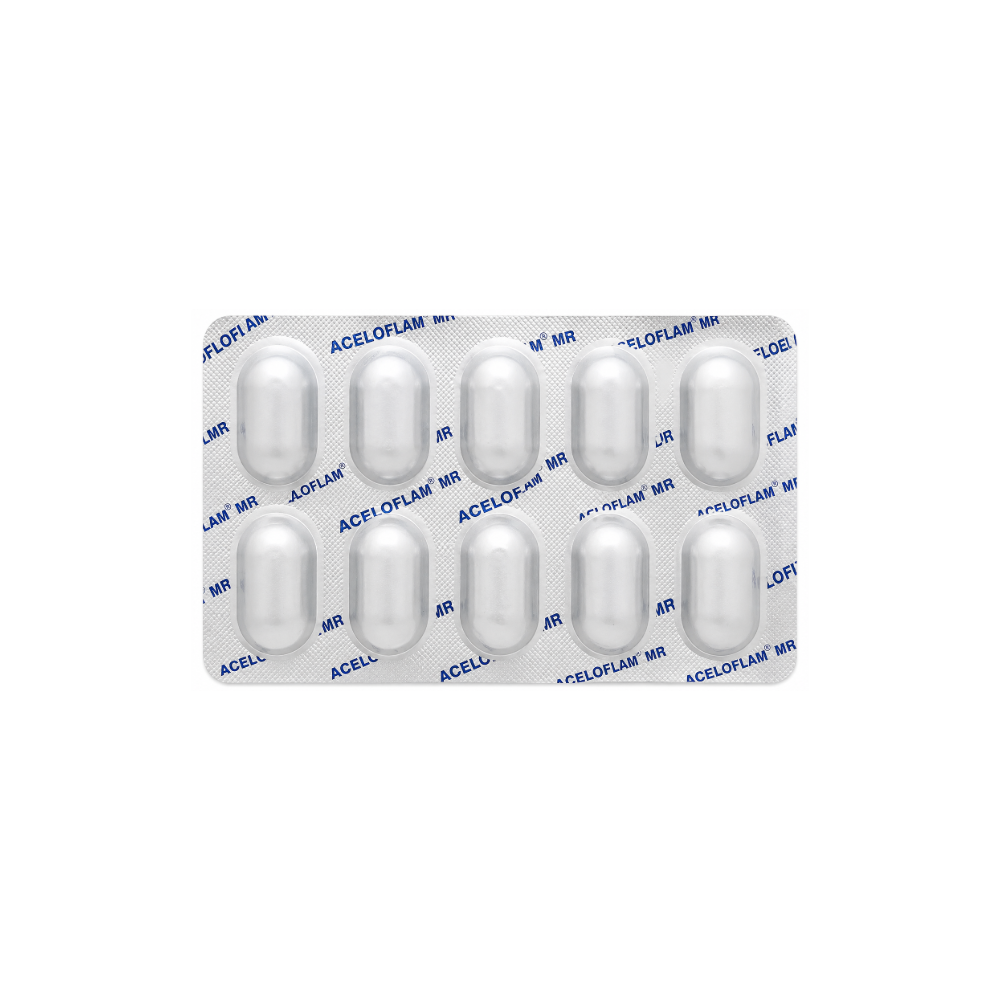 Aceloflam MR Tablet strip containing Aceclofenac 100 mg, Paracetamol 325 mg and Chlorzoxazone 250 mg for pain and muscle spasm relief.