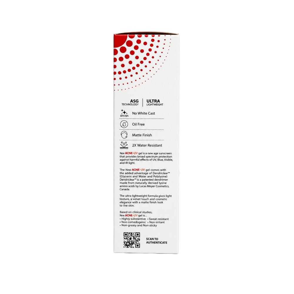 Side panel of Acne-UV Sunscreen featuring ASG Technology, ultra-lightweight formula, no white cast, oil-free matte finish and 2X water resistance.