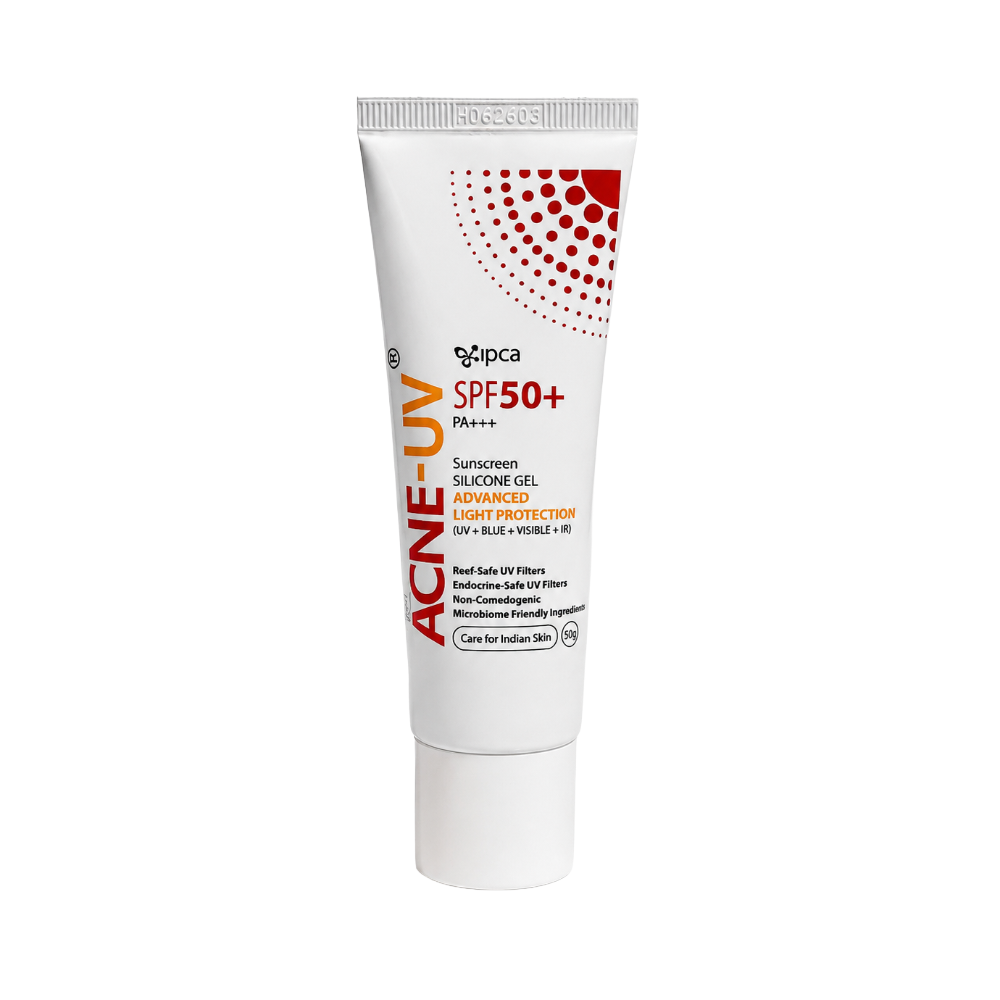 Acne-UV SPF 50+ PA+++ Sunscreen Silicone Gel 50g front view with advanced light protection against UV, Blue Light, Visible Light and IR by Ipca.