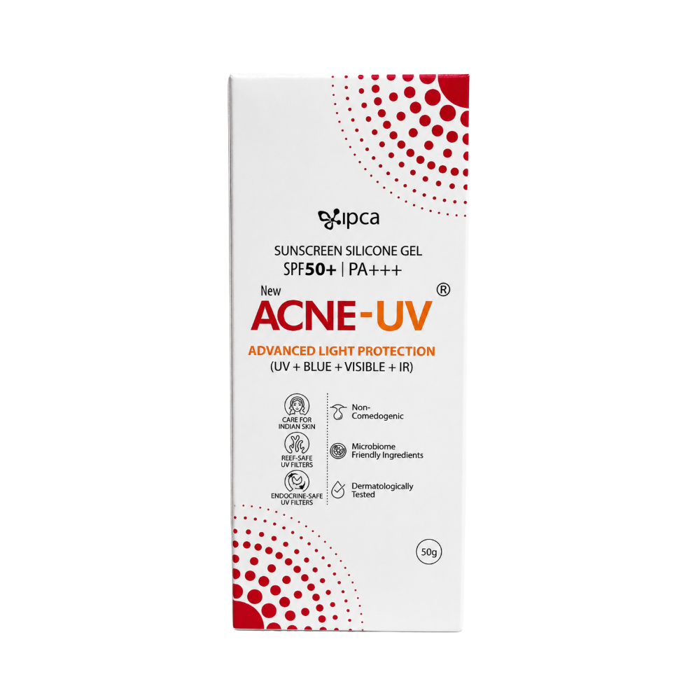 Front packaging of Acne-UV SPF 50+ PA+++ Sunscreen Silicone Gel highlighting UV, Blue Light, Visible Light and IR protection with dermatologist-tested formula.