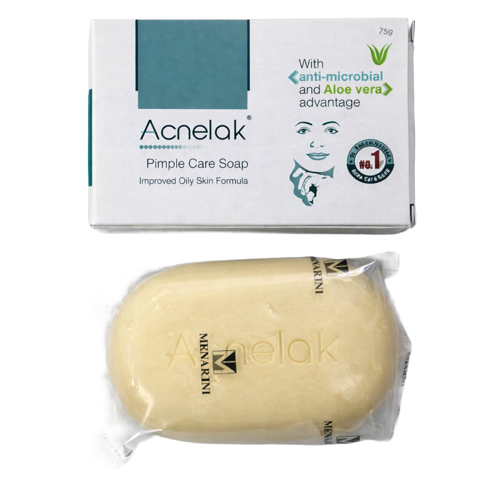 Acnelak pimple care soap bar with packaging on a white background
