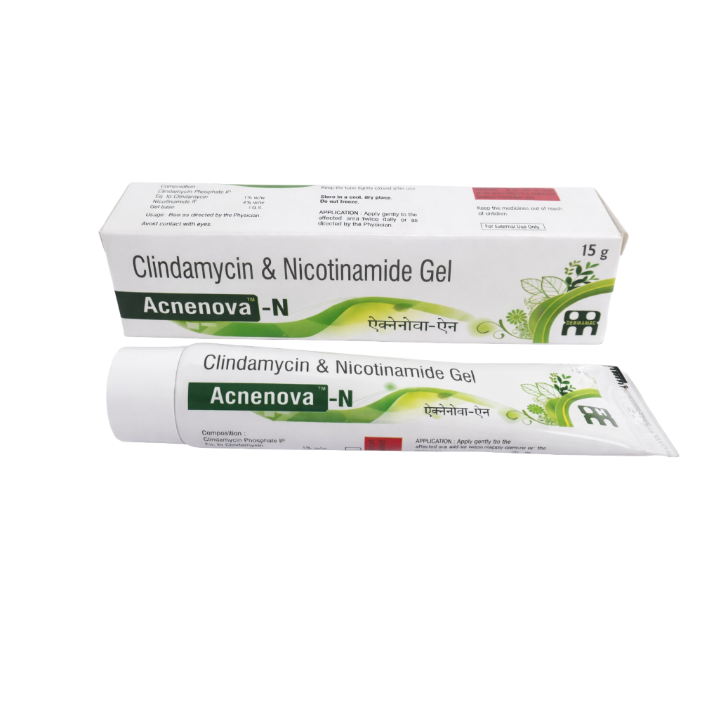 Acnenova-N Clindamycin & Nicotinamide Gel packaging on a white background