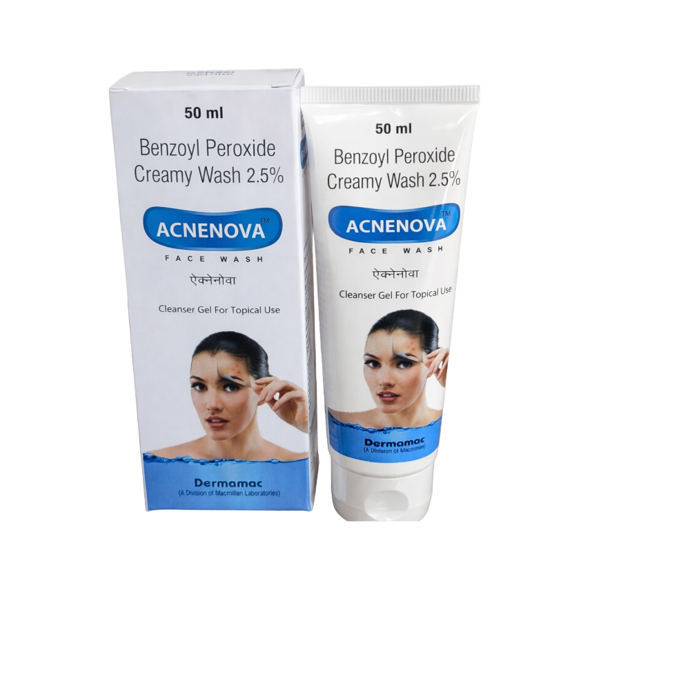 Acnenova Benzoyl Peroxide Creamy Wash packaging on a white background