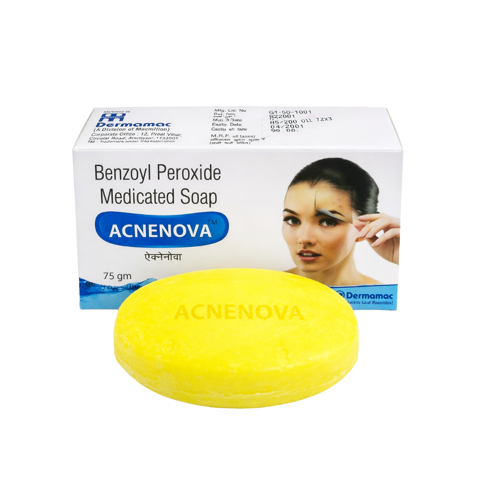 Acnenova Benzoyl Peroxide Medicated Soap with packaging on a white background