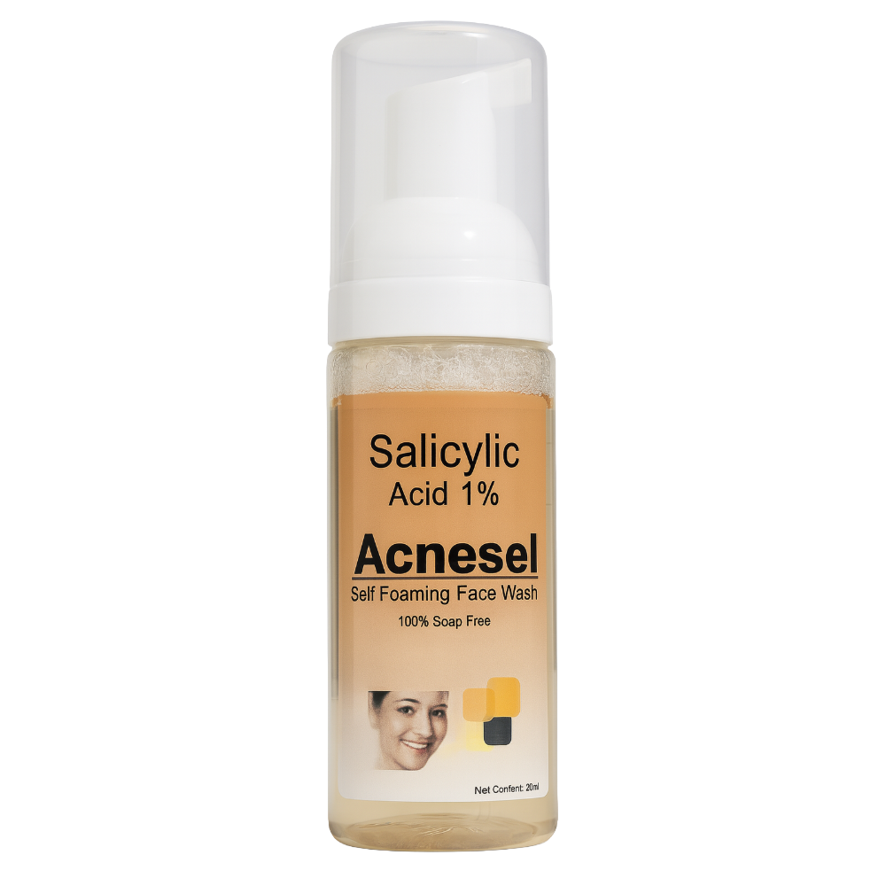 Acnesel Salicylic Acid 1% self-foaming face wash bottle on a white background