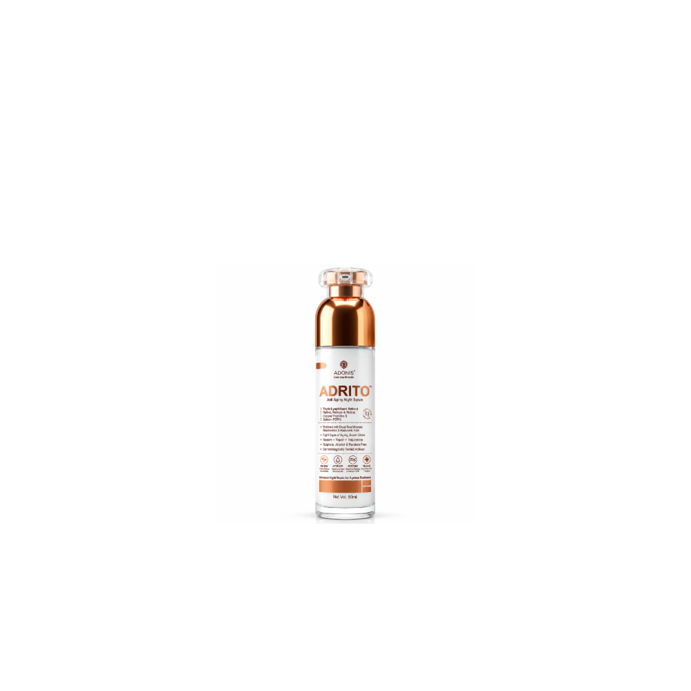 Adonis Adrito anti aging night serum bottle and packaging showing retinol, copper peptides and Dead Sea minerals