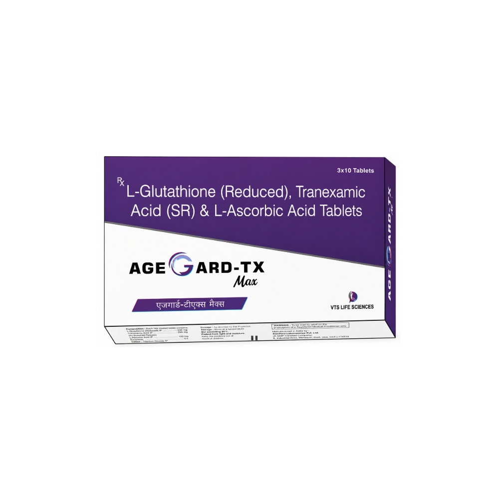 A box of AGE CARD-TX Max tablets, containing L-Glutathione (Reduced), Tranexamic Acid (SR) & L-Ascorbic Acid Tablets, manufactured by VTS Life Sciences. The packaging features a purple and white design with black and white text.