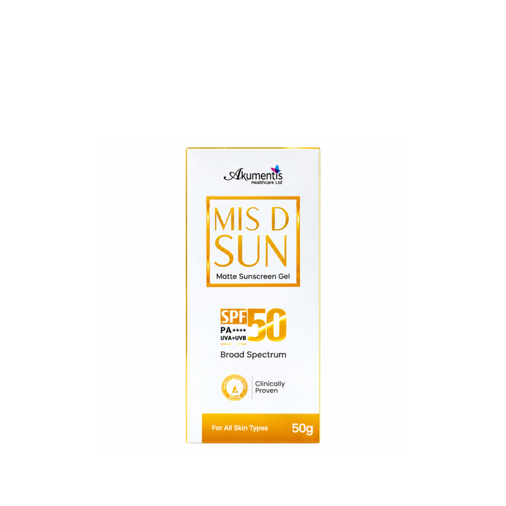Front view of Akumentis MIS D SUN Matte Sunscreen Gel SPF 50 PA+++ broad-spectrum sunscreen, 50 g carton.