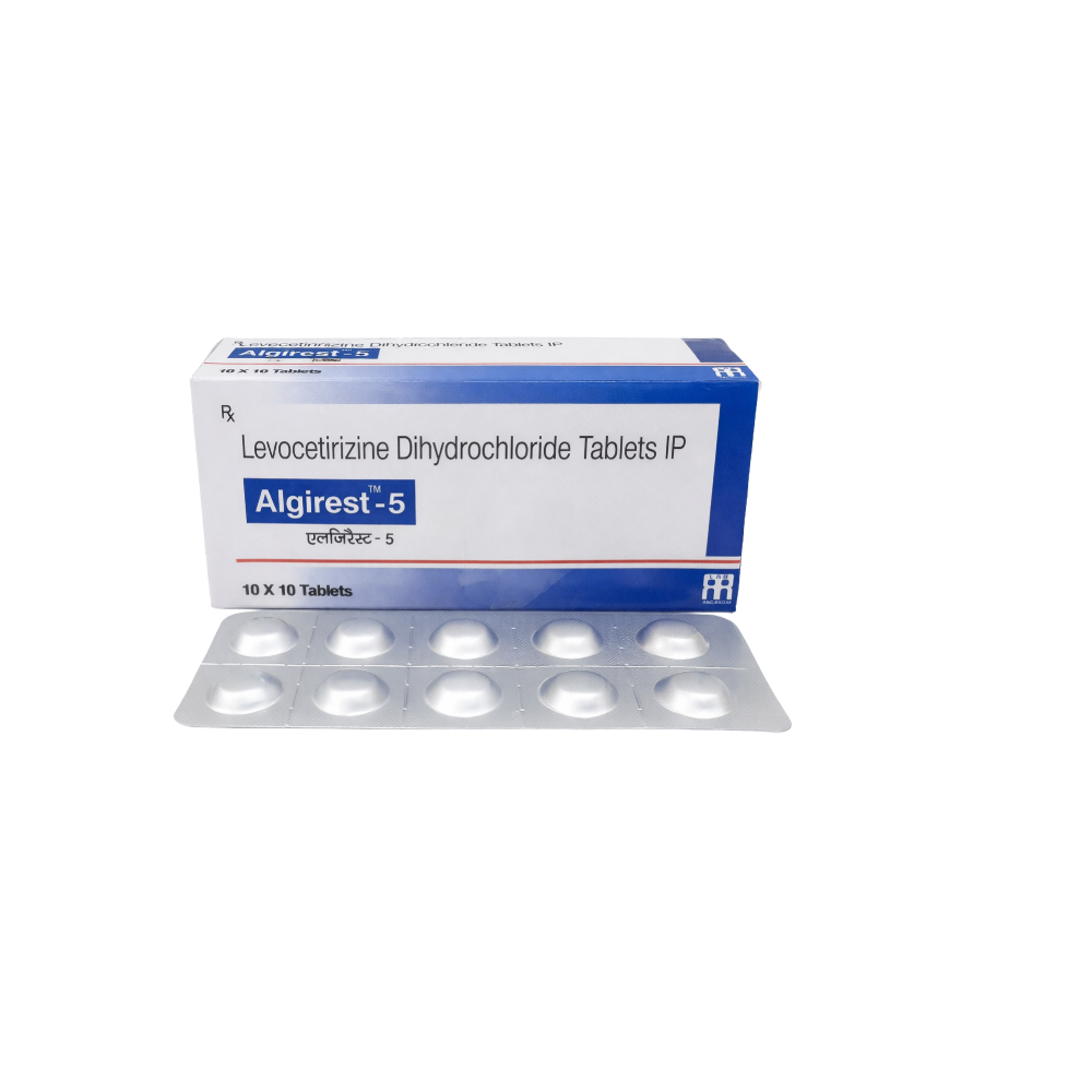 Box of Algigest-5 Levocetirizine Dihydrochloride Tablets IP on a white background