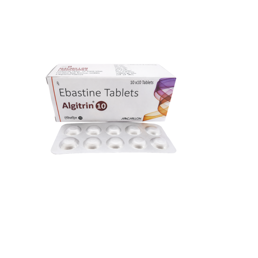 Box of Ebastine Tablets with blister pack on a white background