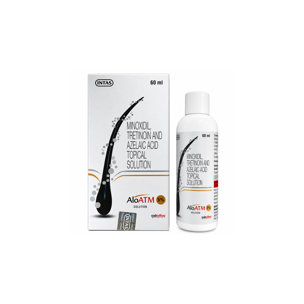 Intas Hair loss Minoxidil and Azelaic Acid Topical Solution packaging on a white background