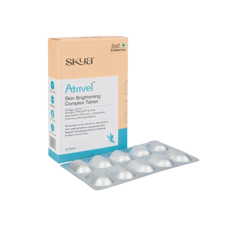 Skya Atmvel Skin Brightening Complex Tablet packaging with tablets on a white background
