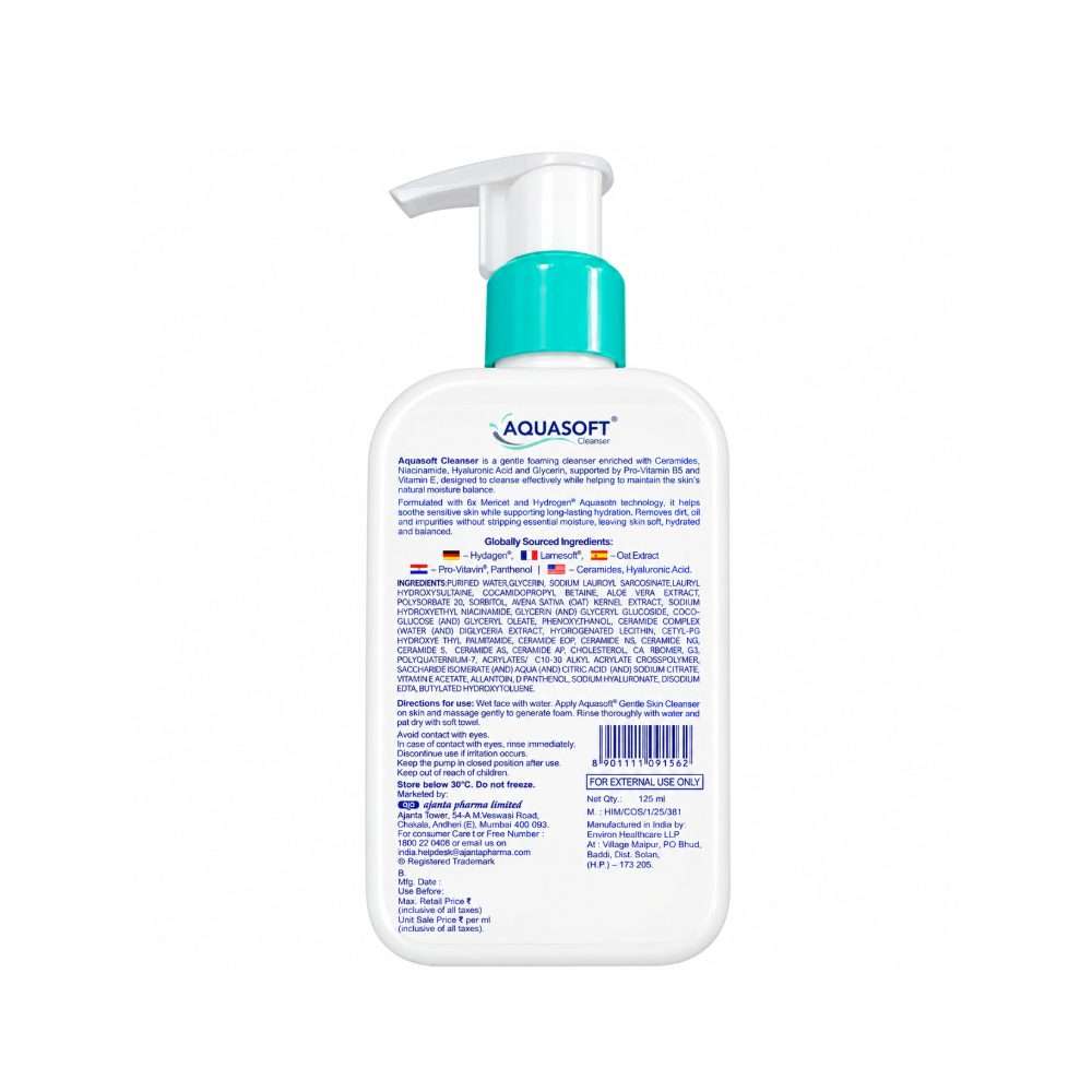 Back label of Aquasoft Gentle Skin Cleanser 125ml showing ingredients, directions, manufacturer and storage information