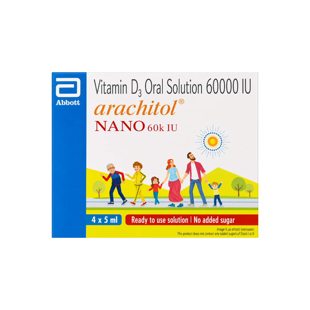 Vitamin D3 oral solution packaging with family illustration and Abbott branding Arachitol Nano 60K IU Vitamin D3 Oral Solution Bottle