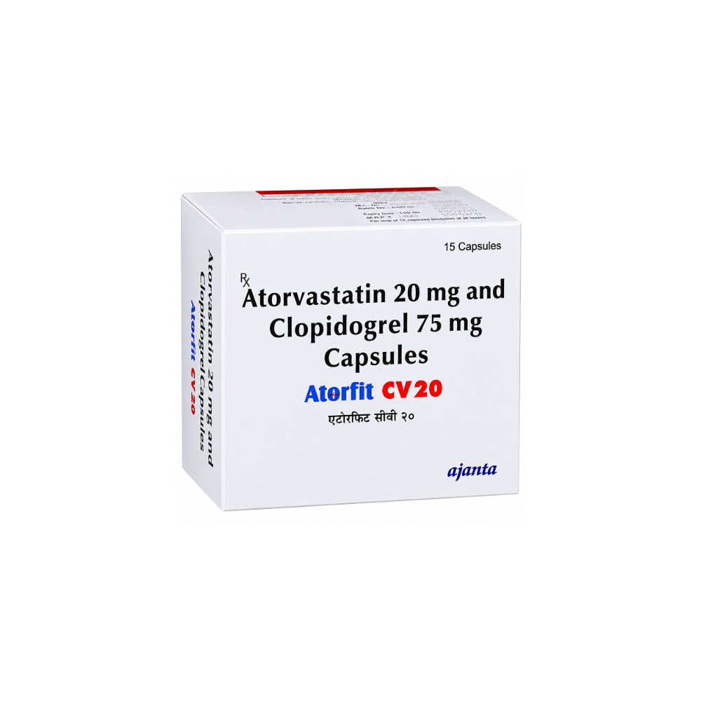 Atorfit CV 20 Capsule MARKETED BY: Ajanta Pharma Ltd PACK OF:-15 capsules in 1 strip SALT NAME: Atorvastatin (20mg) + Clopidogrel (75mg) Prescription Required:-Yes USES:-Heart attack prevention and high cholesterol ALTERNATE BRAND:-Atorec CV 20 Capsule, Stator CV 20 Capsule, Pritorva CV 20 Capsule, Atorsave CV 20 Capsule, Jubicad CV 20 Capsule, Manufacturer/Marketer Address: Ajanta House, Charkop, Kandivli West, Mumbai 400 067, India, Country of Origin: India