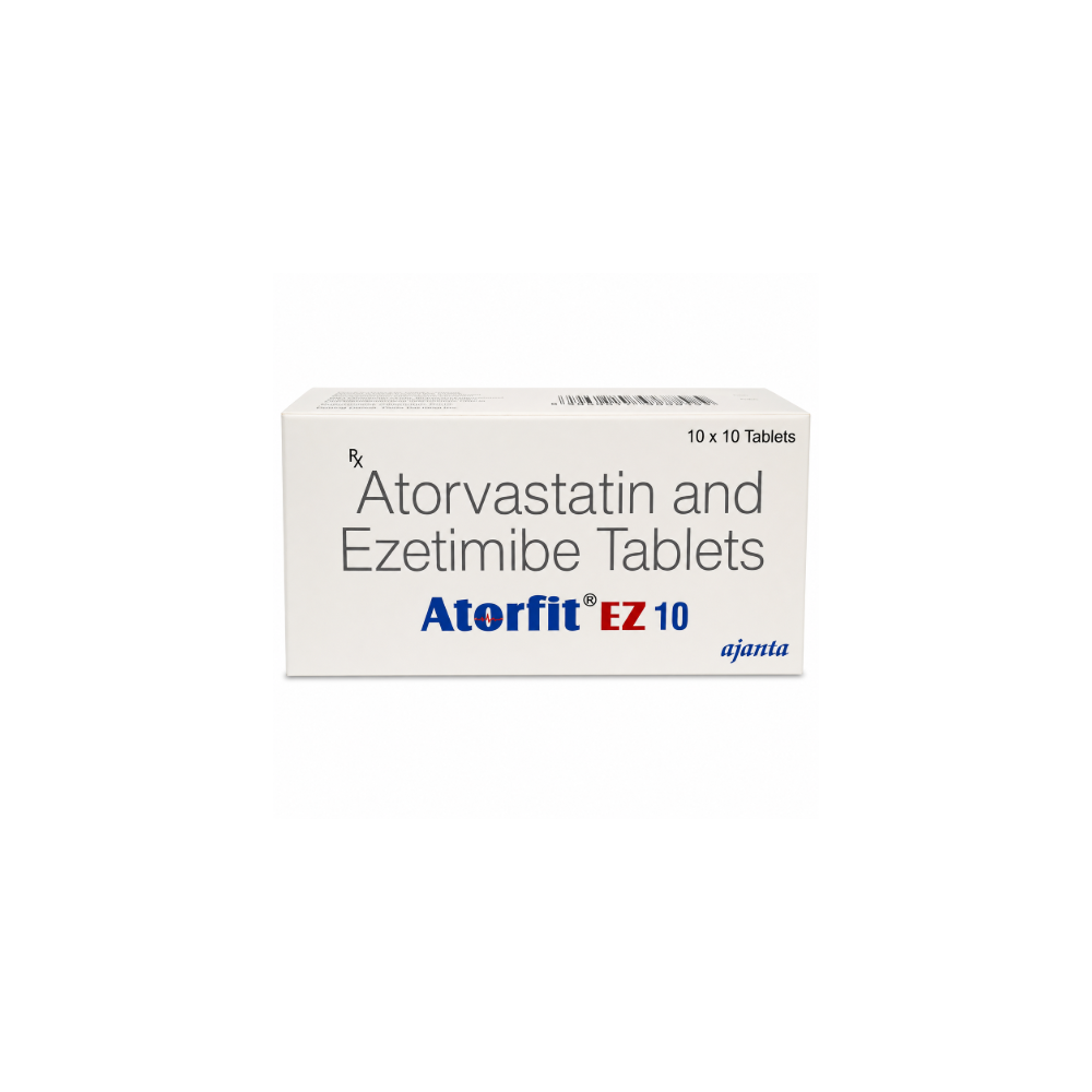 Atorfit EZ 10mg/10mg Tablet MARKETED BY: Ajanta Pharma Ltd PACK OF:-10 tablets in 1 strip SALT NAME: Atorvastatin (10mg) + Ezetimibe (10mg) Prescription Required: Yes USES: High cholesterol ALTERNATE BRAND: Orvas-EZ Tablet, Lipofix EX Tablet, Nateaze 10 mg/10 mg Tablet, Goldistat EZ 10 mg/10 mg Tablet, Atorfirst EZ 10mg/10mg Tablet, Manufacturer/Marketer Address: Ajanta House, Charkop, Kandivli West, Mumbai 400 067, India, Country of Origin: India