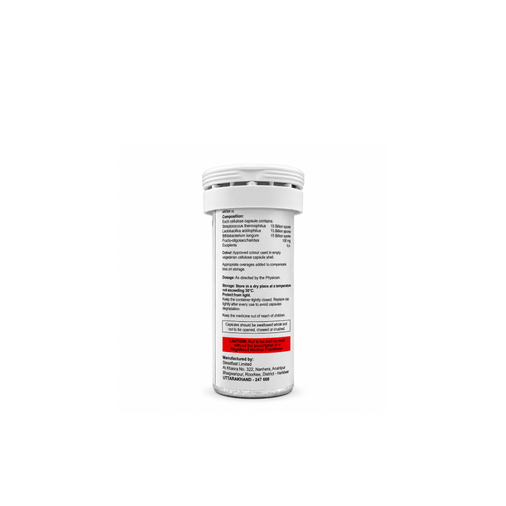 Awaytox 45 Pre-Probiotics Capsules label showing probiotic composition, FOS, storage instructions, prescription caution and manufacturer details.