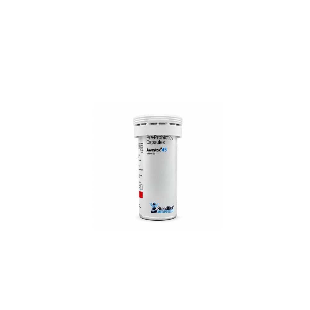 Awaytox 45 Pre-Probiotics Capsules bottle front view showing the Awaytox 45 label and Steadfast Medishield branding.