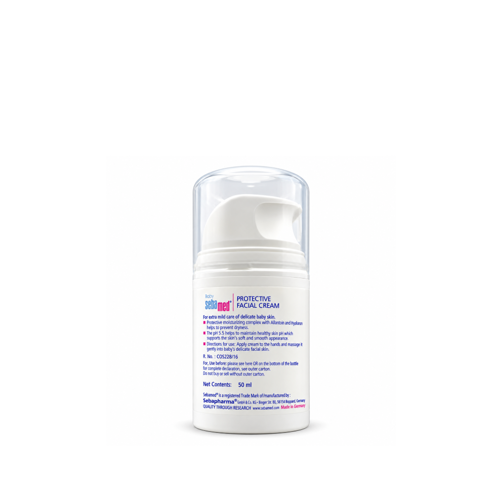 Back label of Baby Sebamed Protective Facial Cream 50ml showing product information and manufacturer details
