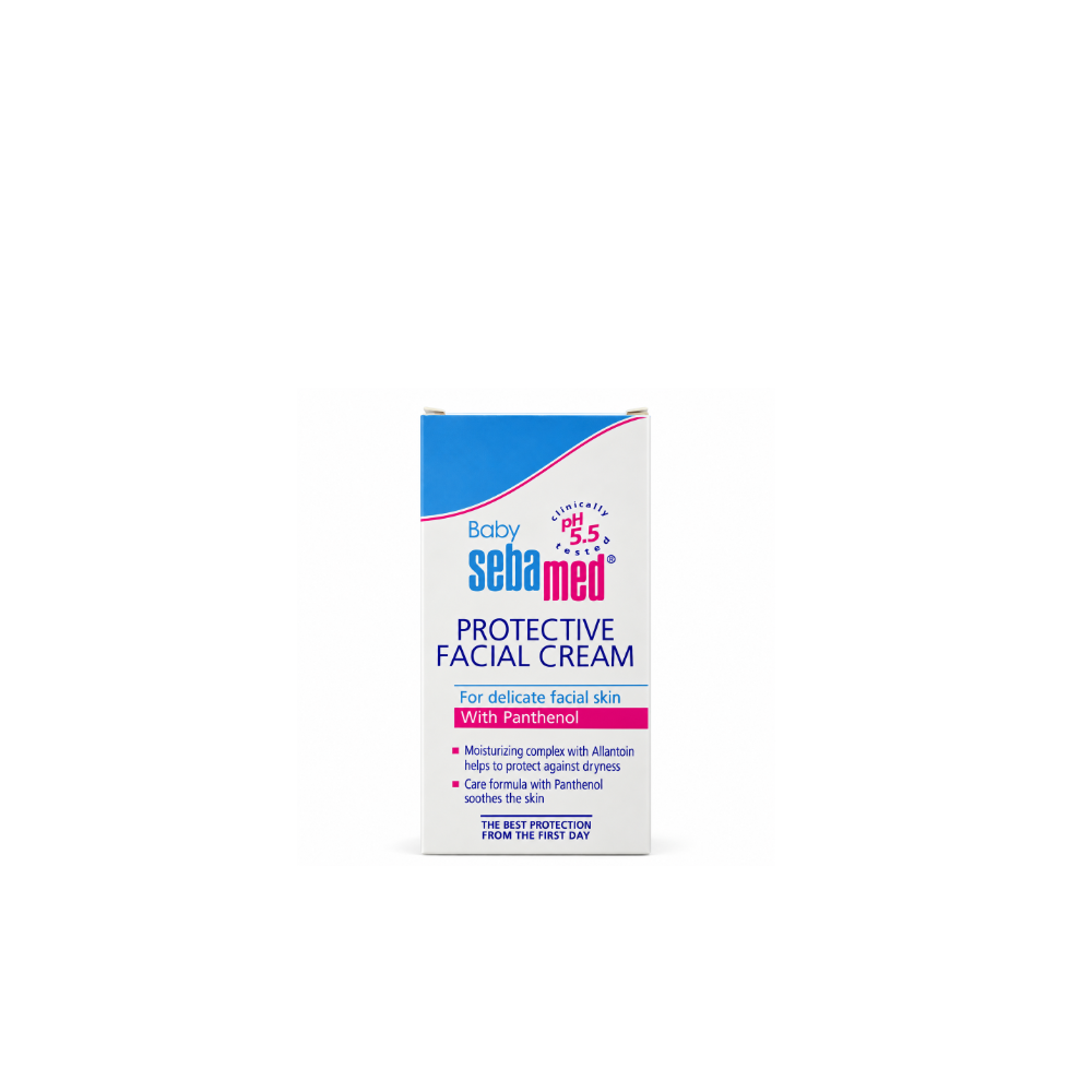 Baby Sebamed Protective Facial Cream 50ml outer carton front with Panthenol and pH 5.5 brandingBaby Sebamed Protective Facial Cream 50ml outer carton front with Panthenol and pH 5.5 branding