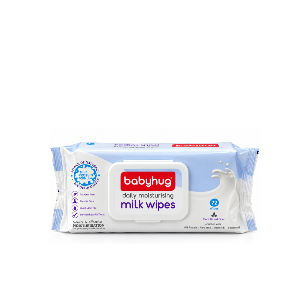 Front view of Babyhug Daily Moisturising Milk Wipes 72-count pack with milk protein formula and resealable flip-top lid.