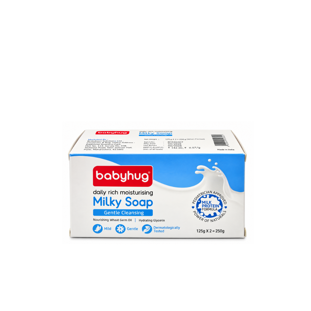 Babyhug Daily Rich Moisturising Milky Soap front packaging, two 125 g bars, 250 g total pack.