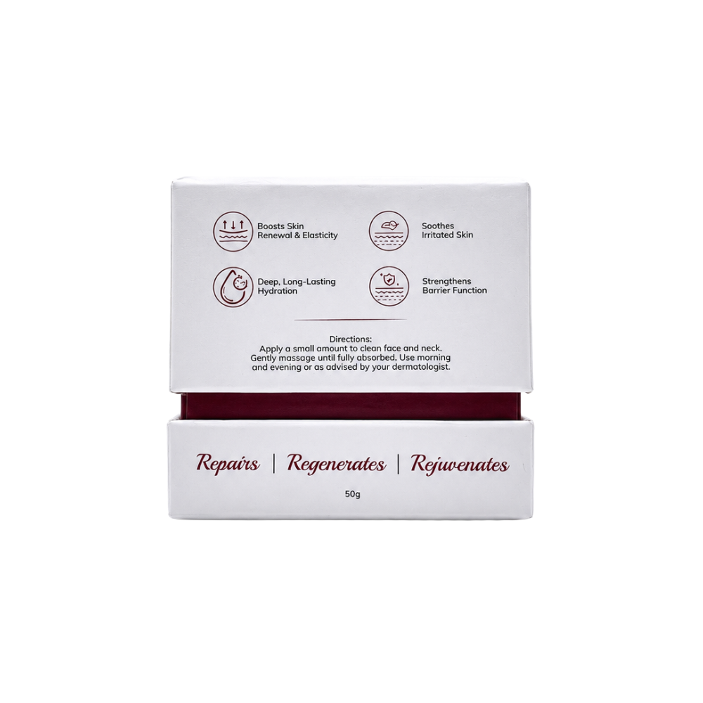 Back view of Truderma ExoCica Cream 50g showing key benefits including skin renewal, deep hydration, soothing irritated skin and strengthening the skin barrier.