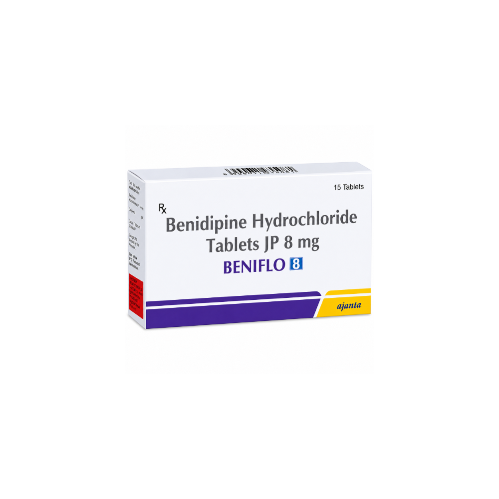Beniflo 8 Tablet MARKETED BY: Ajanta Pharma Ltd PACK OF: 15 tablets in 1 strip SALT NAME: Benidipine (8mg) Prescription Required:- Yes USES:- Hypertension (high blood pressure)Prevention of Angina (heart-related chest pain) ALTERNATE BRAND:-Beniduce 8mg Tablet, Bengreat 8 Tablet, Vitabend 8mg Tablet, LNT 8mg Tablet, Benlong 8 Tablet, Manufacturer/Marketer Address: Ajanta House, Charkop, Kandivli West, Mumbai 400 067, India, Country of Origin: India