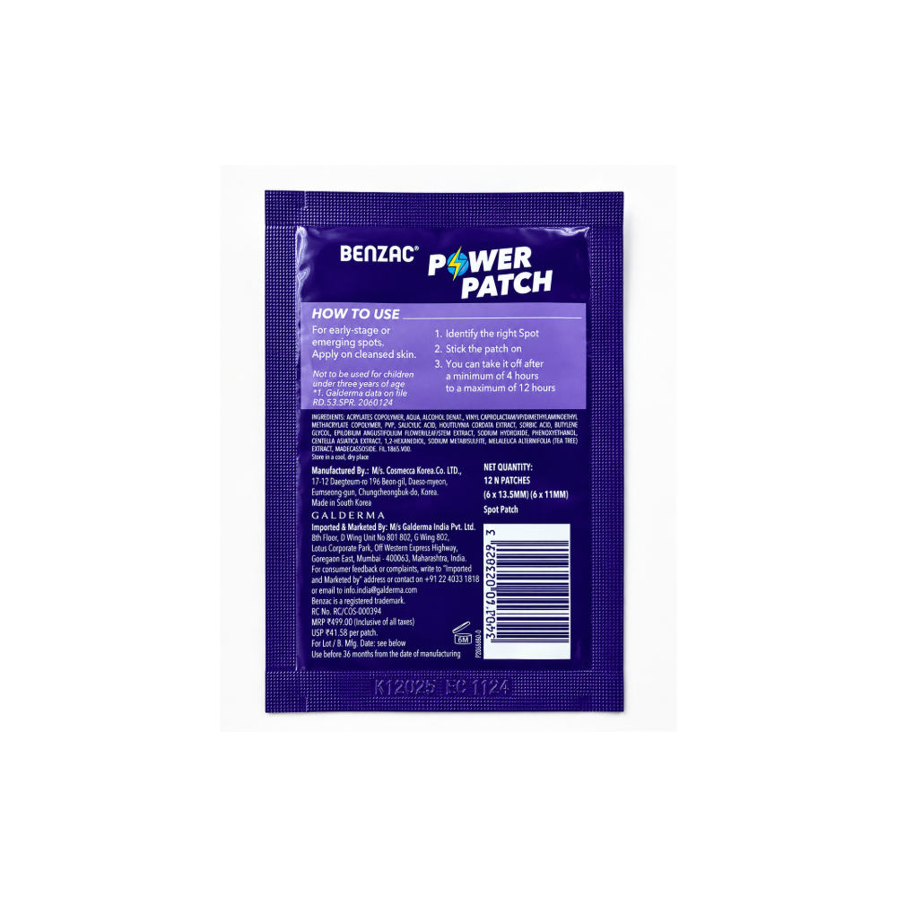 Benzac Power Patch Fast Fix box back showing usage instructions, ingredients, manufacturer details and 12 spot patches
