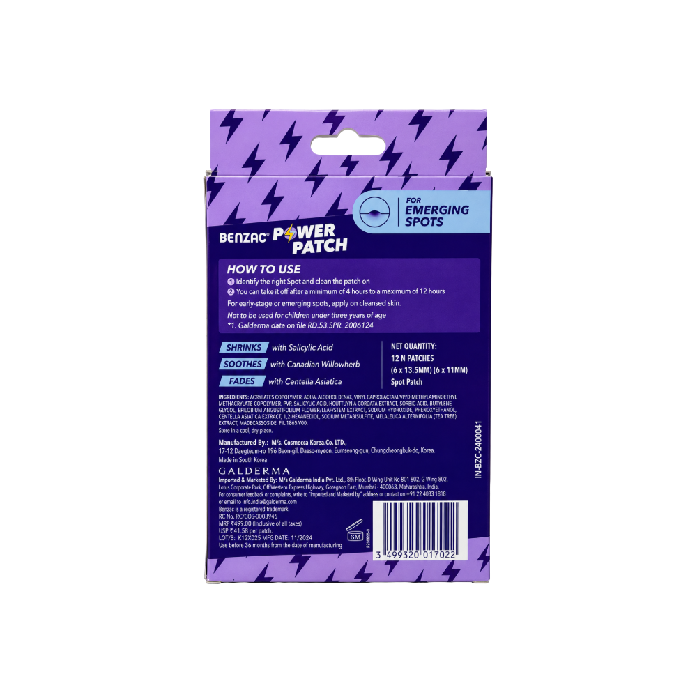 Benzac Power Patch Fast Fix back packaging with usage directions, Salicylic Acid, Canadian Willowherb, Centella Asiatica and barcode