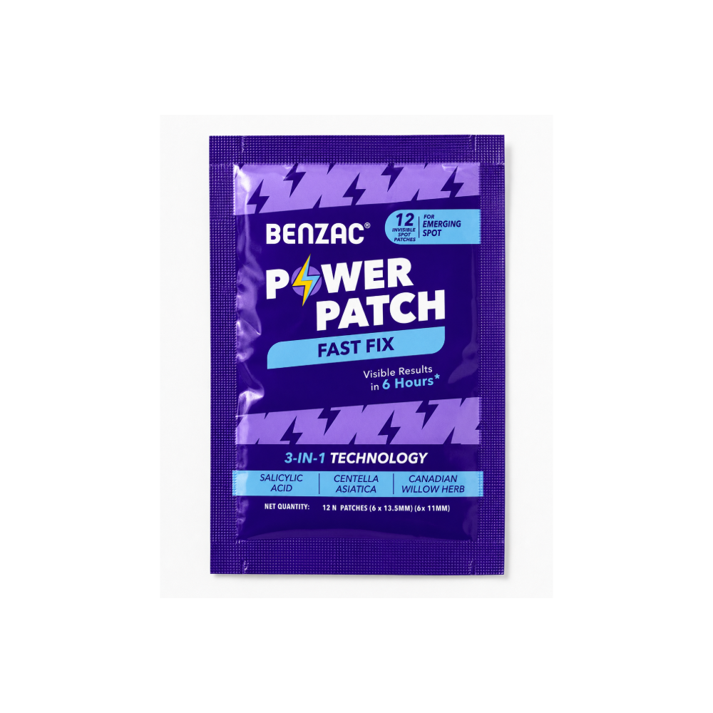 Benzac Power Patch Fast Fix individual sachet with 12 invisible spot patches for emerging spots