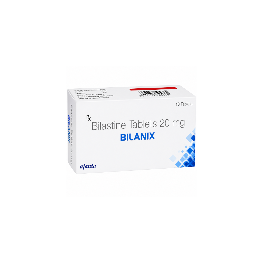 Bilanix 20mg Tablet MARKETED BY: Ajanta Pharma Ltd PACK OF: 10 tablets in 1 strip SALT NAME: Bilastine (20mg) Prescription Required: Yes USES: Treatment of Allergic conditions ALTERNATE BRAND:-Bilacalm Tablet, Bilachek Tablet, Akubliss Tablet, Antegy Tablet, Bilaxta 20mg Tablet, Manufacturer/Marketer Address: Ajanta House, Charkop, Kandivli West, Mumbai 400 067, India, Country of Origin: India