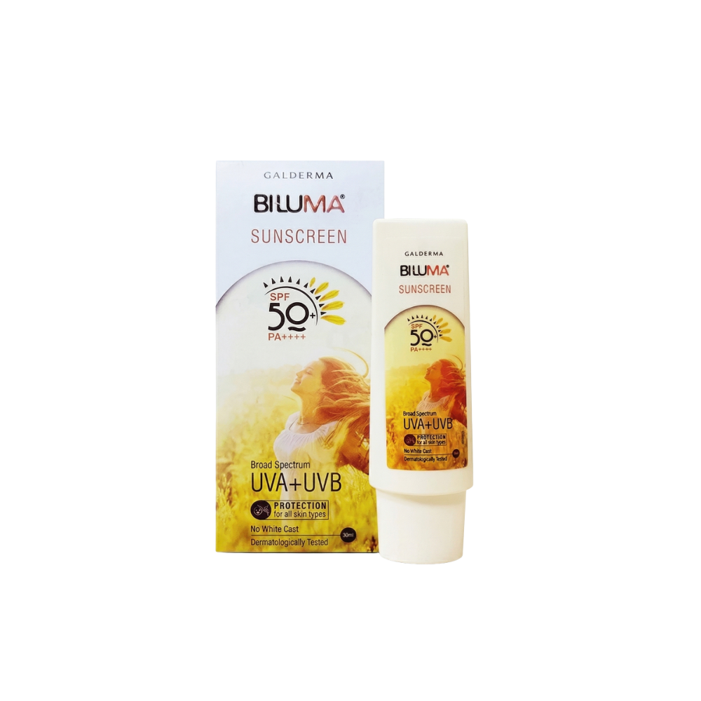 Biluma sunscreen bottle and packaging on a white background