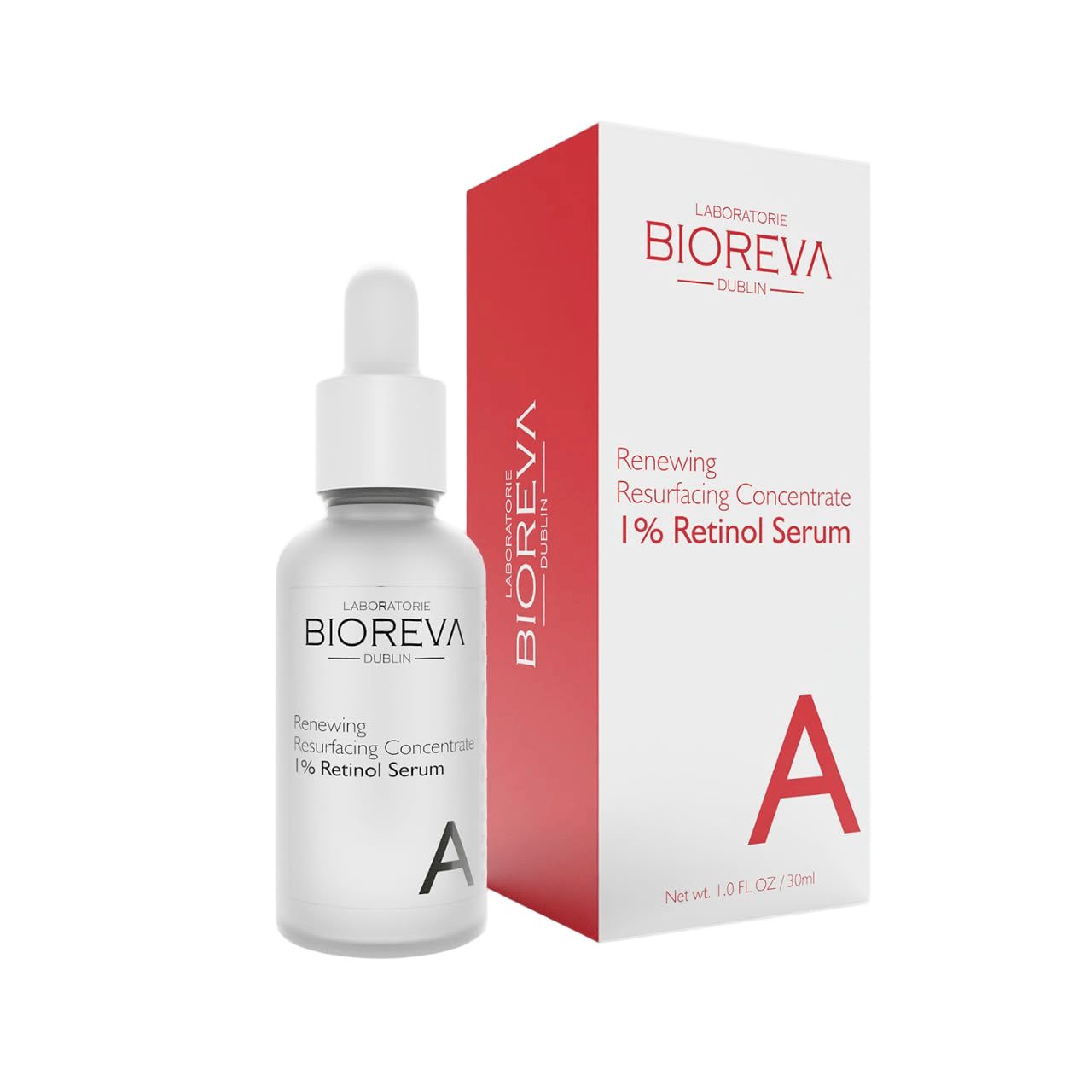 BIOREVA Renewing Resurfacing Concentrate 1% Retinol Serum bottle and packaging on a white background