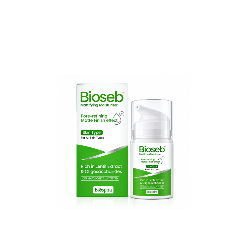 Bioseb Mattifying Moisturizer by Biospira in a white and green carton with a matching pump bottle, featuring lentil extract, oligosaccharides, pore-refining and matte-finish claims.