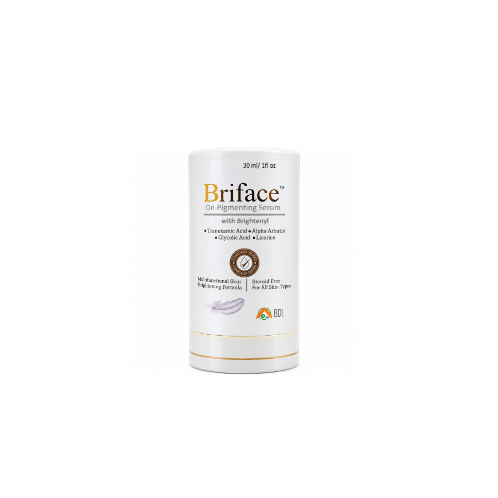 Briface De-Pigmenting Serum 30 ml with Tranexamic Acid, Alpha Arbutin, Glycolic Acid, Licorice and Brightenyl front packaging