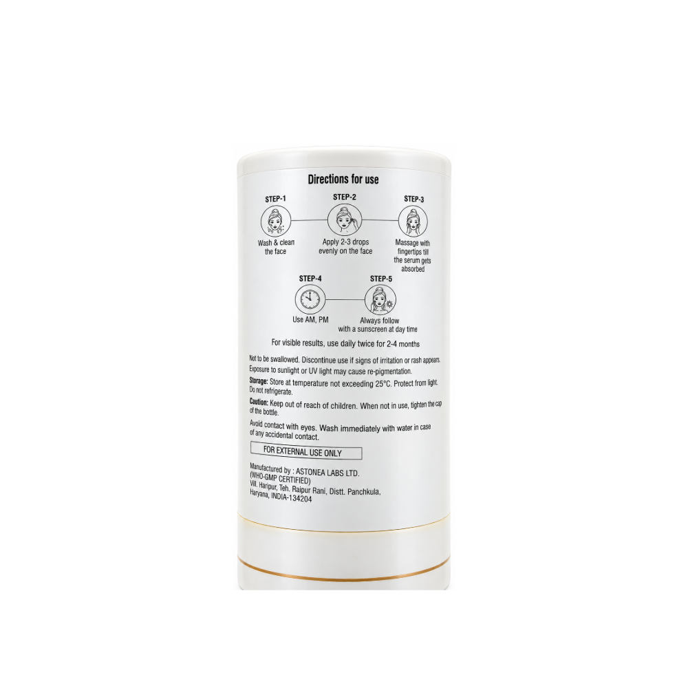 Briface De-Pigmenting Serum directions for use showing 2 to 3 drops application, twice daily use and sunscreen advice
